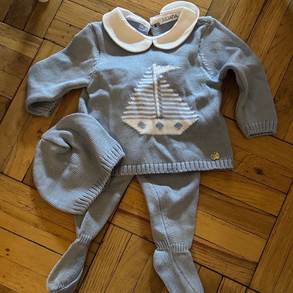 Juliana Blue Sailboat Knit Footie Set